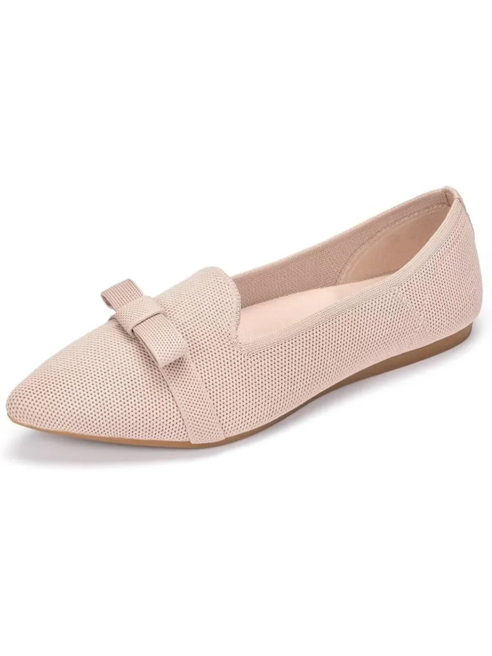 Women's Cream Comfortable Knit Casual Pointed Toe Ballet Flats with Bow Shoes